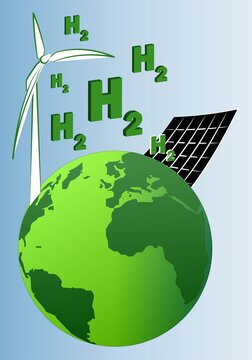 Hidrógeno verde H2. producido con energías renovables, aerogeneradores y paneles solares para conseguir un planeta verde