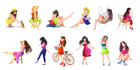 Vector People Set with Beautiful Girls and Women. Office Girl and a Housewife. Yoga girl, girl is sitting, resting, lying, thinking. Isolated vector illustration in cartoon style
