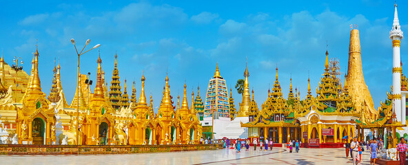Panorama of the shrines in Shwedagon Zedi Daw, Yangon, Myanmar