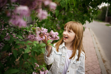 Fototapeta premium smiling girl in a white denim jacket near a bush of blooming lilacs