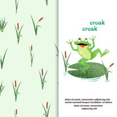 Marsh vector set. Cartoon Frog on lily pad and reeds pattern. © Afanasia