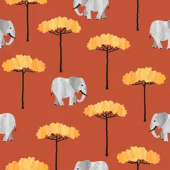 Foto op Plexiglas Olifant Naadloze Afrikaanse patroon met olifanten en bomen. Vector aquarel illustratie van savanne.