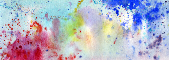 Abstract watercolor background with red, blue and turquoise colors. Beautiful spots of watercolor on paper.