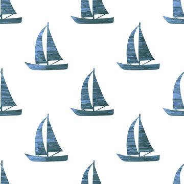Sailing boat pattern. Minimalist vector seamless illustration with ship.