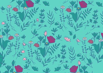 seamless pattern with tulips flowers illustration Blue color 
