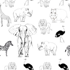 Safari Animal print decorative vintage style seamless black and white monochrome coloring pattern 