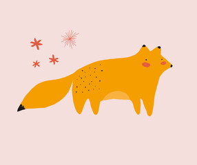 Funny Woodland Vector Illustration with Lovely Fox. Cute Orange Fox and Red Stars isolated on a Pastel Pink Background. Childish Style Nursery Art ideal for Card, Wall Art, Poster, Decoration.