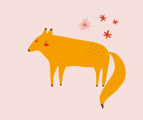 Funny Woodland Vector Illustration with Lovely Fox. Cute Orange Fox and Red Stars isolated on a Pastel Pink Background. Childish Style Nursery Art ideal for Card, Wall Art, Poster, Decoration.