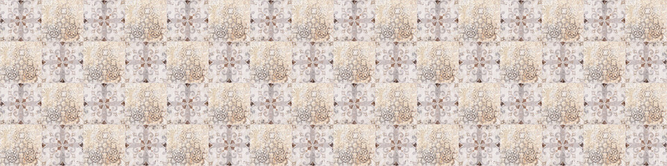 Gray beige brown vintage worn retro geometric motif cement square mosaic tiles wallpaper with...