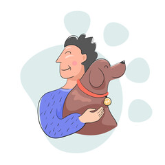 friendly domestic dog hugs together with man