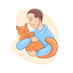 People hugs together with lovely domestic cat