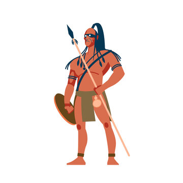 Armed native people of African tribes, Australian and American aboriginal set, tribe member in traditional clothing with a spear and shield in his hands. Vector Illustrations on a white background.