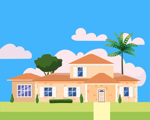 Residential Home Building in landscape tropic trees, palms. House exterior facades front view architecture family modern villa cottage house or mansion apartments. Suburban property