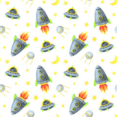 Fototapeta premium Space seamless pattern. A spaceship, a flying saucer, a satellite on a white background of the starry sky. Children's watercolor illustration. Cute print with a planet, meteorite, asteroid