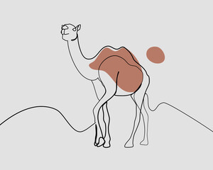 Continuous line Camel going through the sand dunes in Desert. Drawing of Animal. (Vector illustration one line drawing)