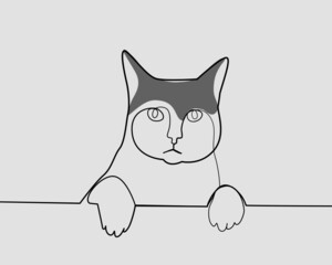 Continuous line, Cat hanging over a blank banner sign. Drawing of set Pet. (Vector illustration one line drawing)