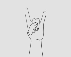 Continuous line, Symbol hand of rock. Drawing of set Music. (Vector illustration one line drawing)