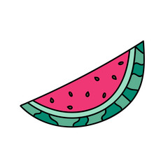 Cute and funny hand drawn watermelon. Vector summer berry clipart. Stylized illustration with hand drawn outline isolated on background. For sticker, scrapbook, fabric, social media, posters.