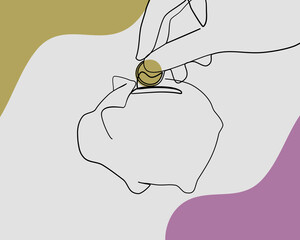 Continuous line, Hand put money coin into piggy bank . Drawing of set Finance. (Vector illustration one line drawing)