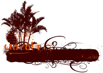 surf summer grunge banner with palms and waves