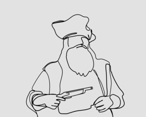 Continuous line, Pirate captain in big hat with a flint pistol in hand. Drawing of set People. (Vector illustration one line drawing)