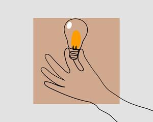 Continuous line, Hand holding light bulb. Drawing of set energy. (Vector illustration one line drawing)