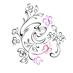 butterfly 10. decorative element with stylized small flowers, leaves, curls and butterflies on a white background