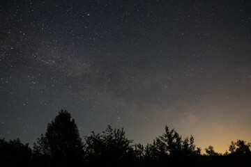 Fototapeta na wymiar night starry sky with milky way above forest silhouette