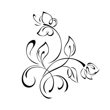 butterfly 9. decorative element with one stylized butterfly and a twig with a flower bud, with leaves and curls