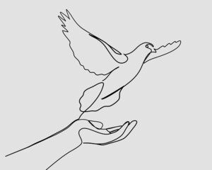 Continuous line, Woman praying and free bird. Drawing of set Hope. (Vector illustration one line drawing)