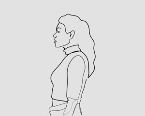 Continuous line, Young african american girl looking to the side. Drawing of set People. (Vector illustration one line drawing)