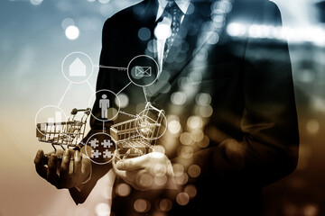 Business man action against candle stick graph chart of stock market investment trading, monotone...