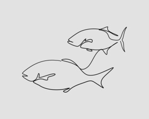 Continuous line, Underwater fish. Drawing of set Ocean. (Vector illustration one line drawing)
