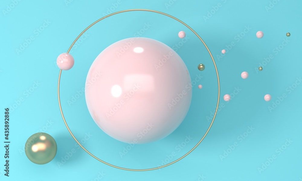 Poster abstract blue background with gold frame and pink sphere. 3d rendering