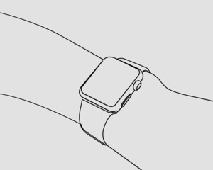 Continuous line, Young man wearing Apple watch. Drawing of set Time. (Vector illustration one line drawing)