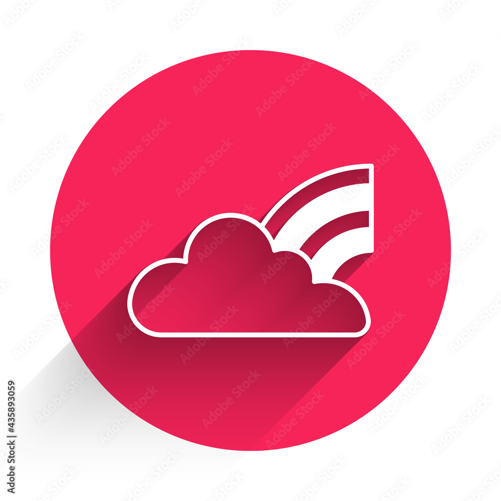 Aufkleber white rainbow with clouds icon isolated with long shadow. red circle button. vector