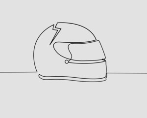 Continuous line, Motorcycle helmet broke at ground. Drawing of set Traffic. (Vector illustration one line drawing)