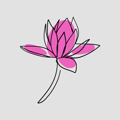 Fototapeta premium Continuous line, Pink lotus flower. Drawing of set Nature. (Vector illustration one line drawing)
