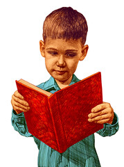 A cute boy is reading a book. An illustration drawn in pencil.
