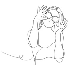 Continuous line, Shouting Girl In Glasses Posing. Drawing of set Fashion beauty. (Vector illustration one line drawing)