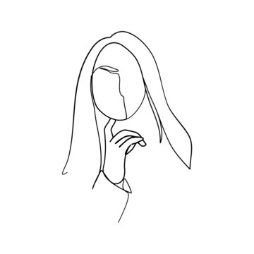 recommend clip art: Continuous line, Girl thinking worried about a question, concerned and nervous with hand on chin. Drawing of set People. (Vector illustration one line drawing)