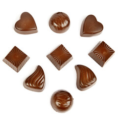 Chocolate candy isolated on white background. Top view. Flat lay.