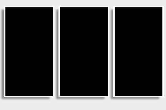 3 Rectangle photo frames in black and white colors with clean rectangular borders and elegant layout. Used as a collage template for your gallery pictures or photographs with a classic old look style.