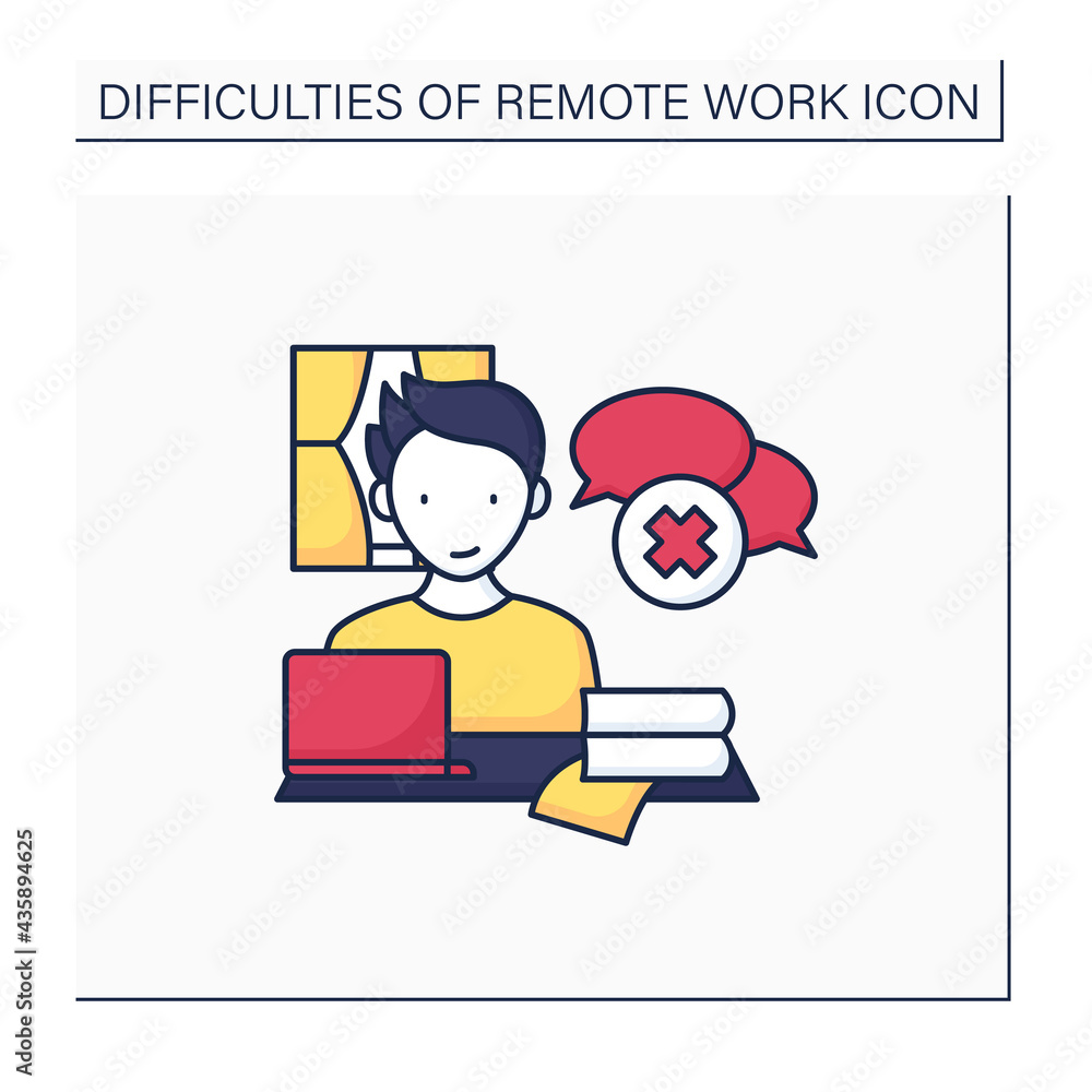 Poster remote work color icon. lack of spontaneous conversations. concentrate only on work. career difficul
