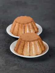 Vegan dessert, coffee pudding sprinkled with cocoa powder on a plate on a dark gray background