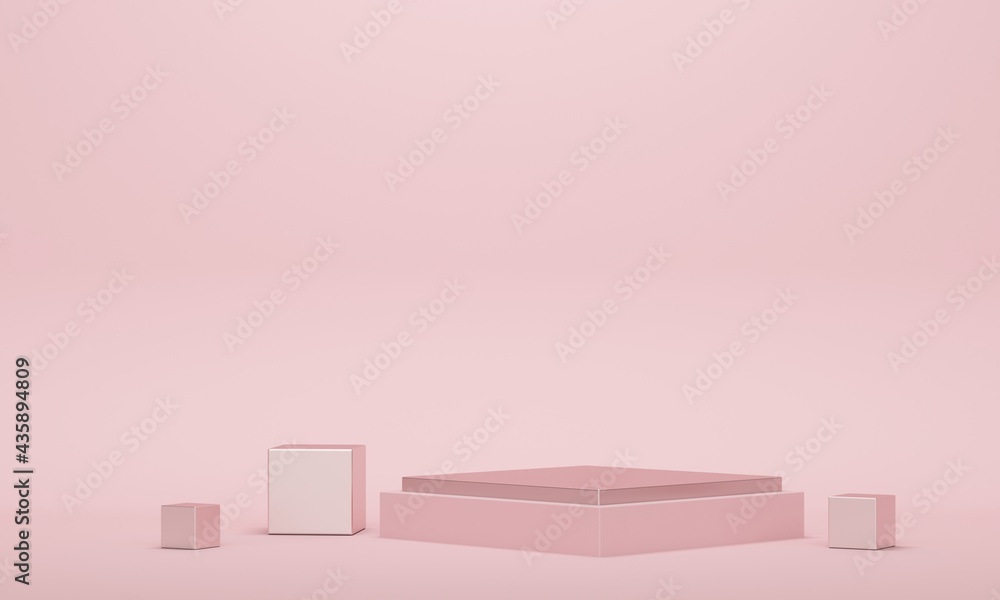 Poster empty platform rhombus with metal cubes on pink background. 3d rendering