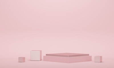 Empty platform rhombus with metal cubes on pink background. 3d rendering