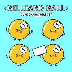 Funny cute happy yellow billiard ball characters bundle set. Vector kawaii line cartoon style illustration. Cute yellow billiard ball mascot character collection
