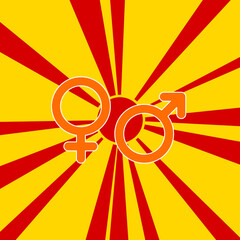 Gender symbol on a background of red flash explosion radial lines. The large orange symbol is located in the center of the sun, symbolizing the sunrise. Vector illustration on yellow background