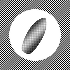 A large surf board symbol in the center as a hatch of black lines on a white circle. Interlaced effect. Seamless pattern with striped black and white diagonal slanted lines